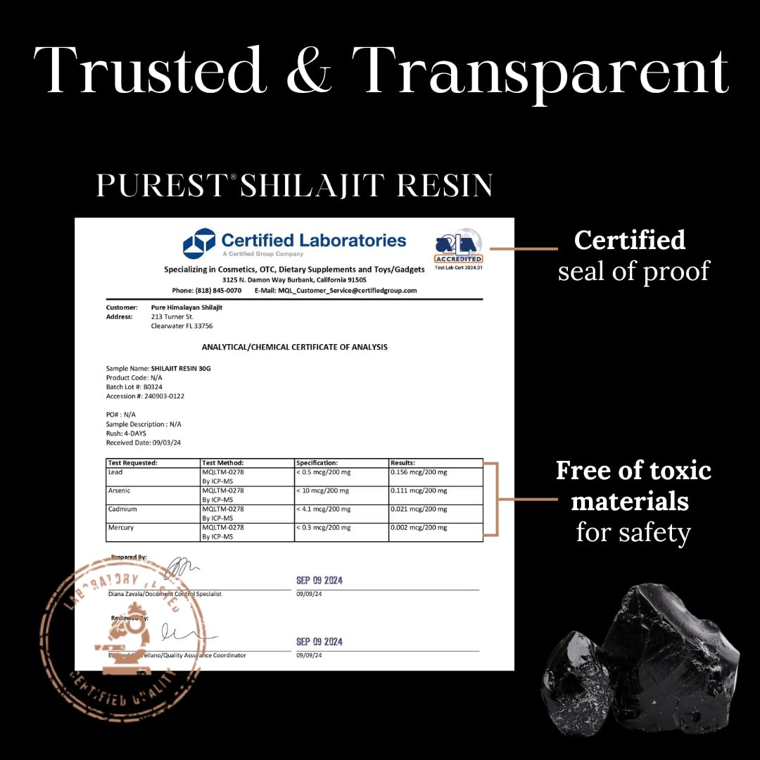 Pure Himalayan Shilajit etiqueta con resultados de laboratorio verificados
