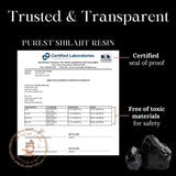 Pure Himalayan Shilajit etiqueta con sello de pruebas de laboratorio tercero