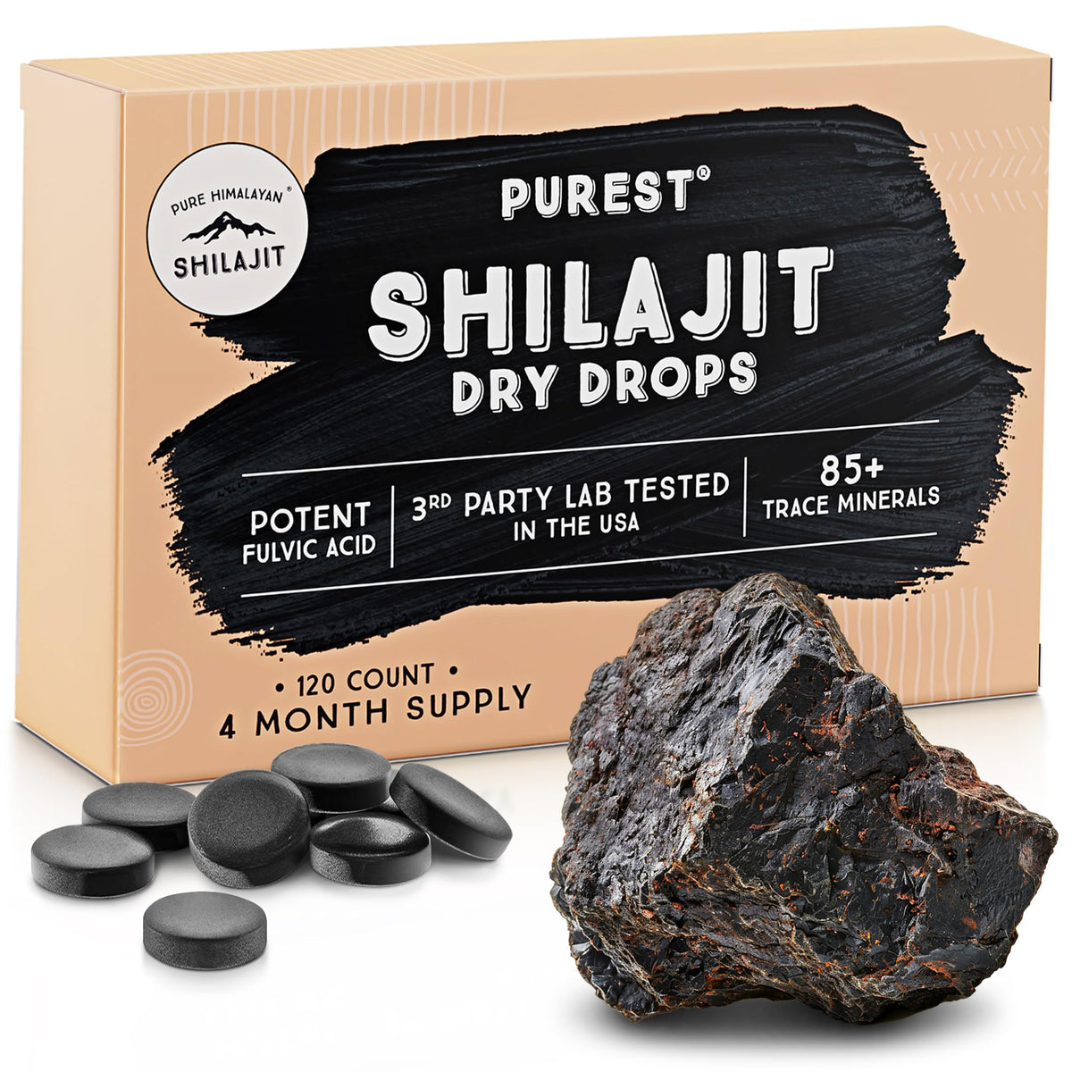 Pure Himalayan Shilajit empaque frontal mostrando conveniencia y pureza