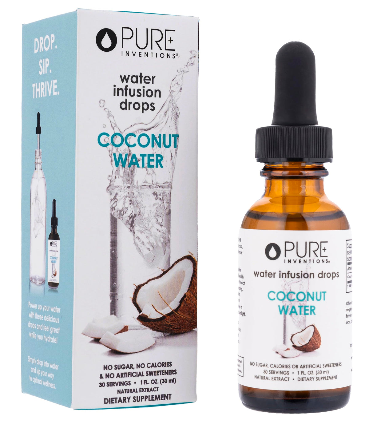 Pure Inventions botella frontal con sabor coco, apariencia premium y seguridad