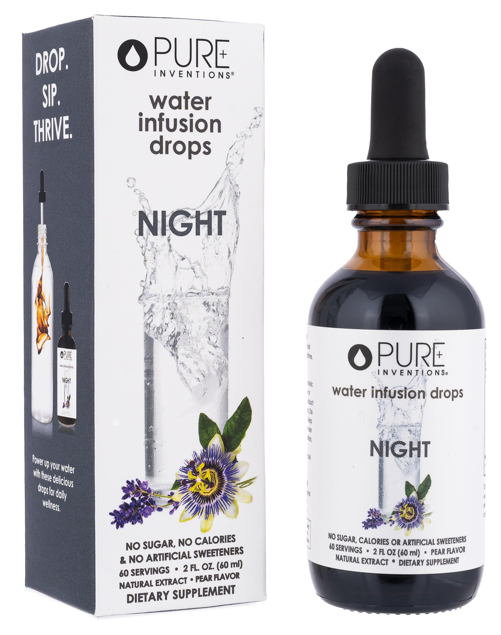 Pure Inventions botella frontal mostrando diseño y uso nocturno beneficioso