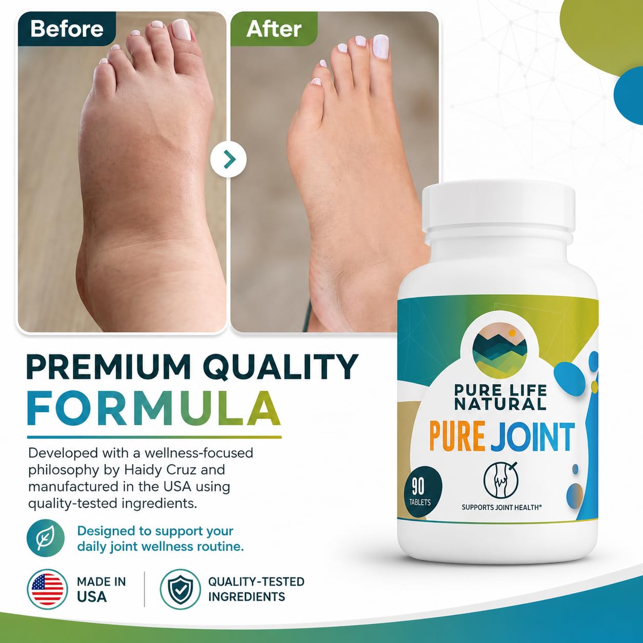 PURE LIFE NATURAL frasco en entorno lifestyle que sugiere movilidad activa