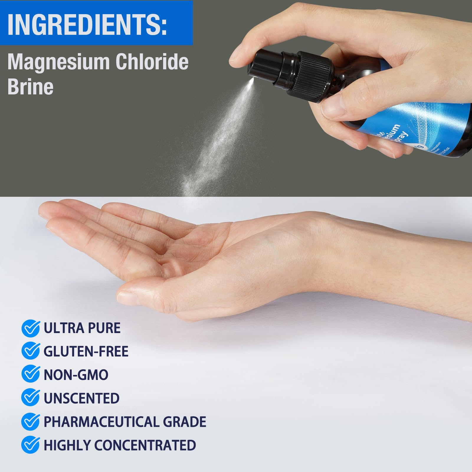 Pure Magnesium Oil Spray en ambiente de cuarto mostrando uso en rutina corporal