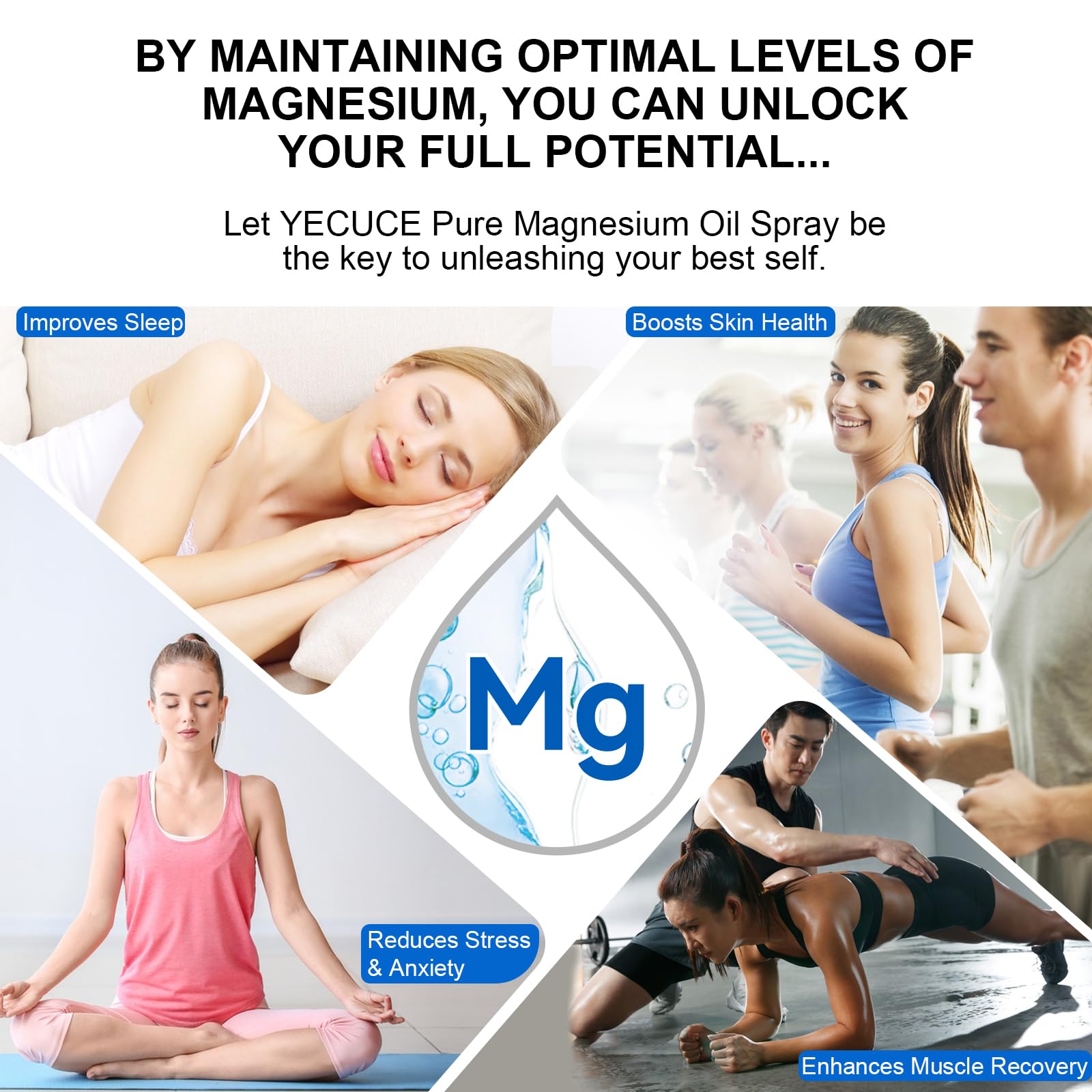 Pure Magnesium Oil Spray etiqueta con ingredientes destacando fórmula 100% natural