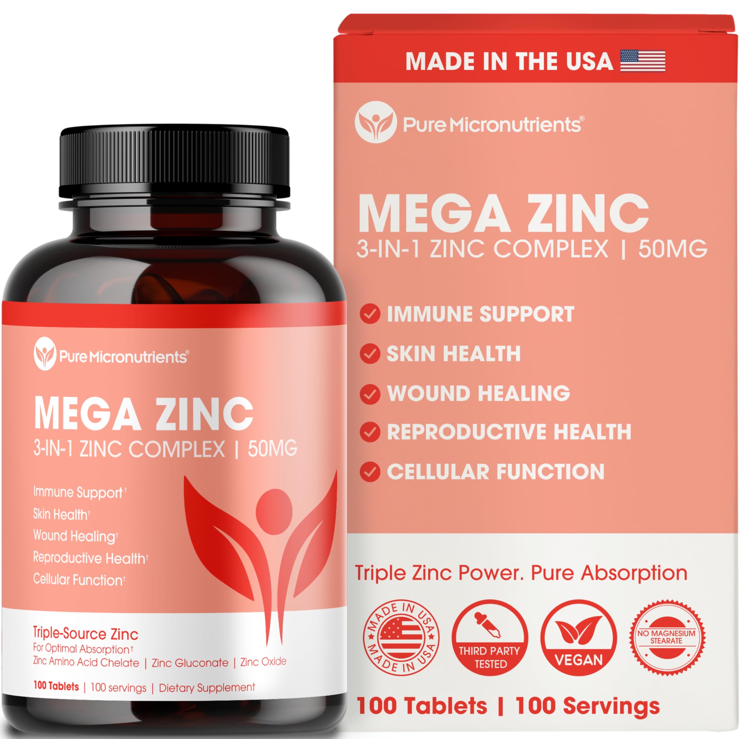 Pure Micronutrients frasco frontal del Mega Zinc 50 mg, presentación clara y segura