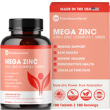 Pure Micronutrients frasco frontal del Mega Zinc 50 mg, presentación clara y segura