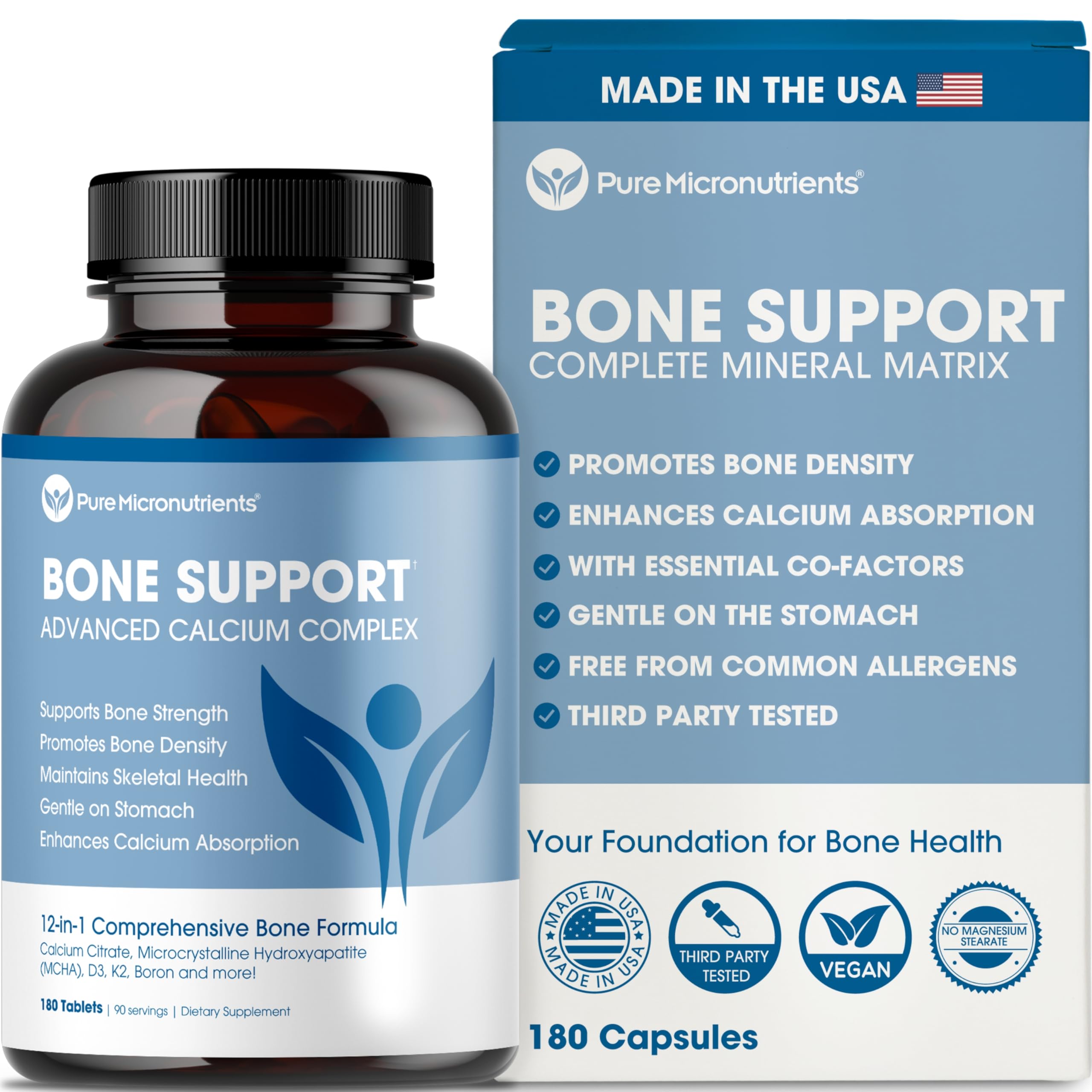 Pure Micronutrients frente del empaque mostrando 180 tabletas y beneficios claros