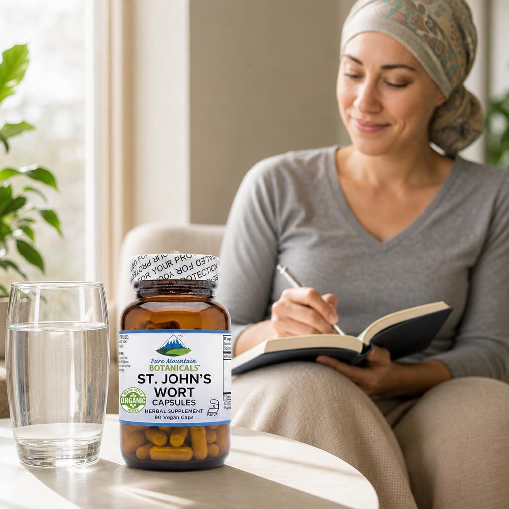 Pure Mountain Botanicals botella abierta con cápsulas listos para uso diario