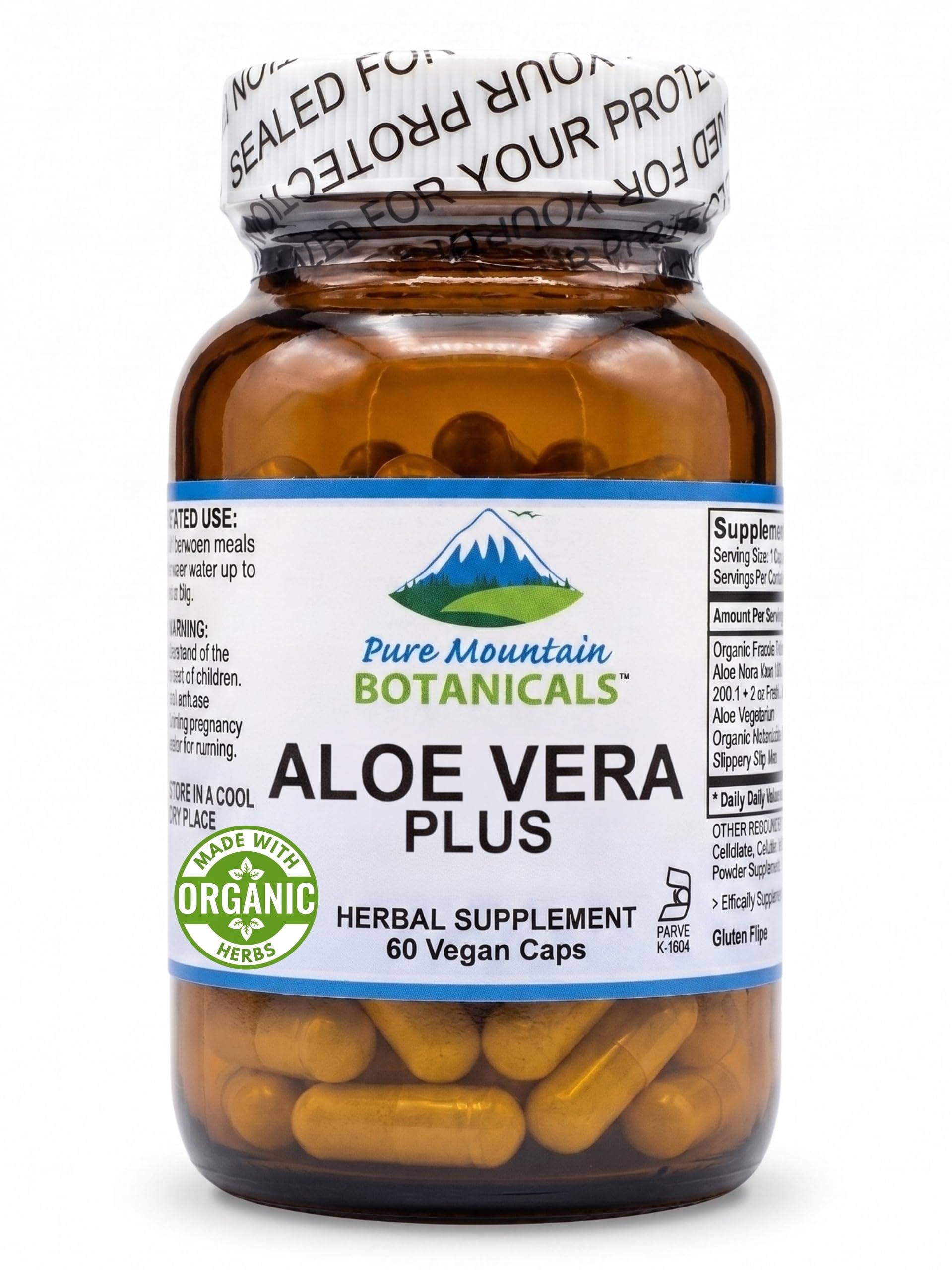 Pure Mountain Botanicals cápsulas en un bol que muestran cantidad y presentación
