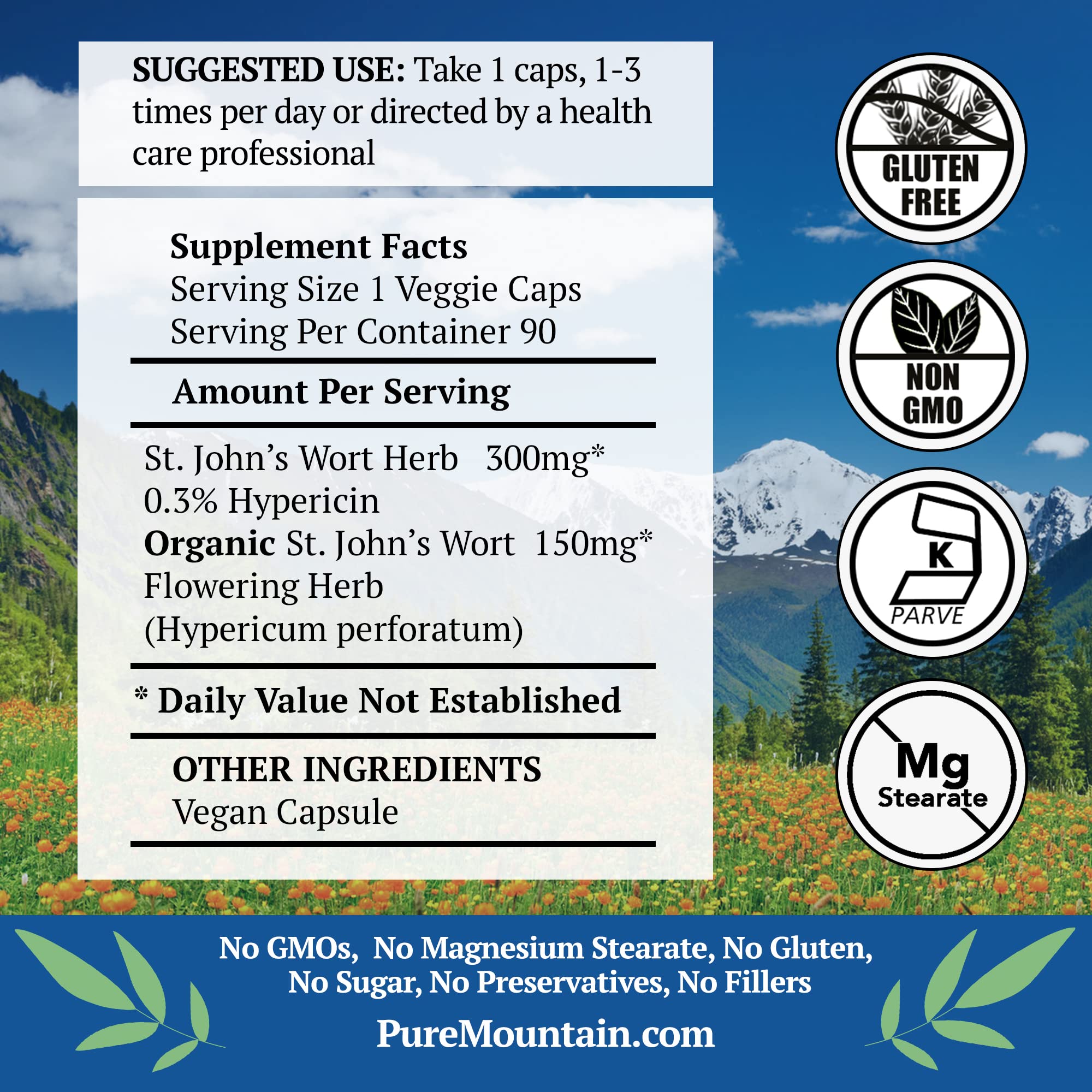 Pure Mountain Botanicals detalle de etiqueta con información de 3% hipericina