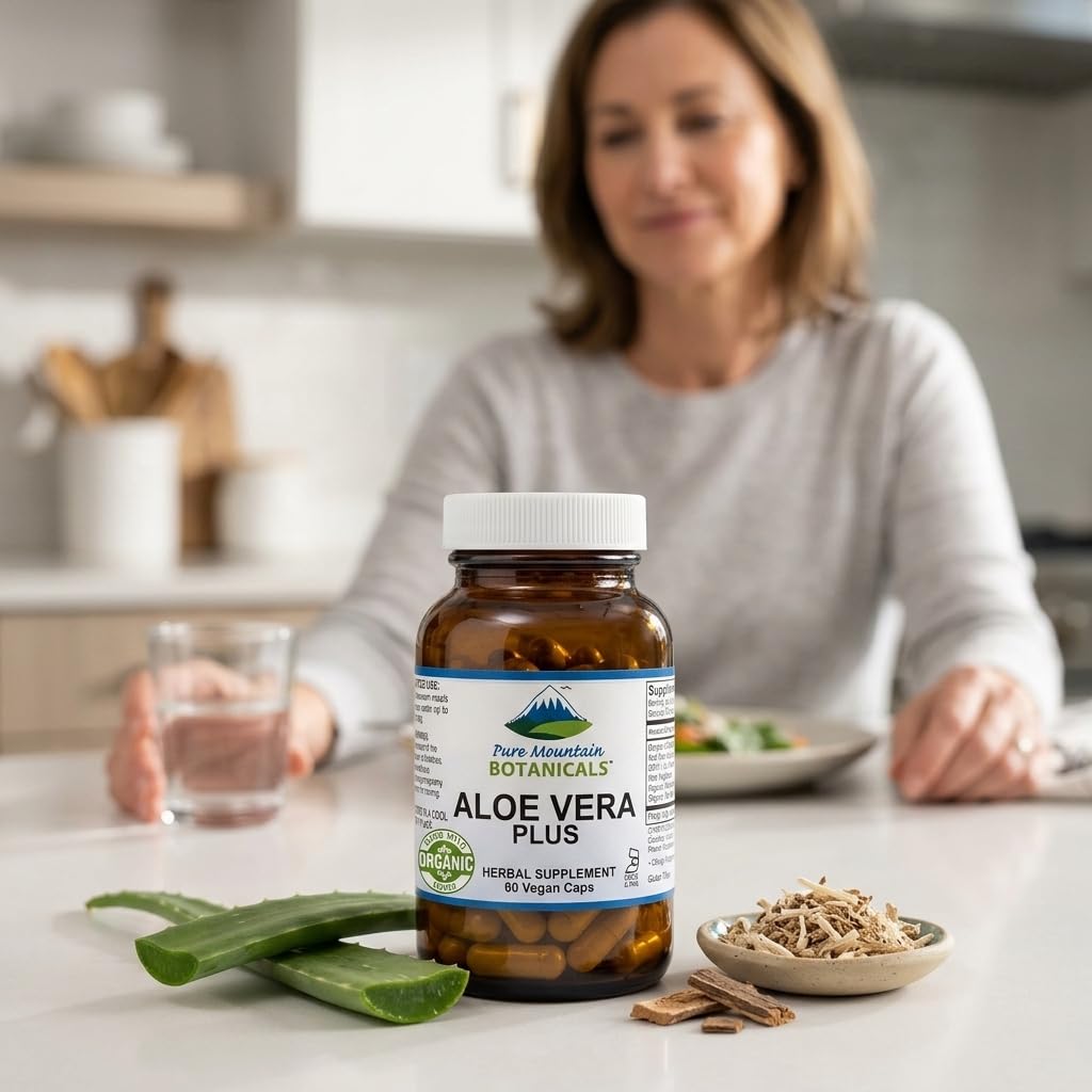 Pure Mountain Botanicals frasco junto a desayuno saludable para contexto diario