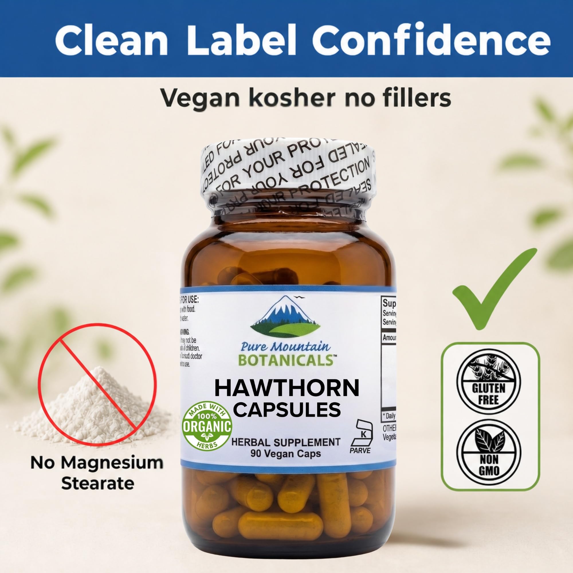 Pure Mountain Botanicals etiqueta con certificaciones NSF GMP y USDA Organic visibles