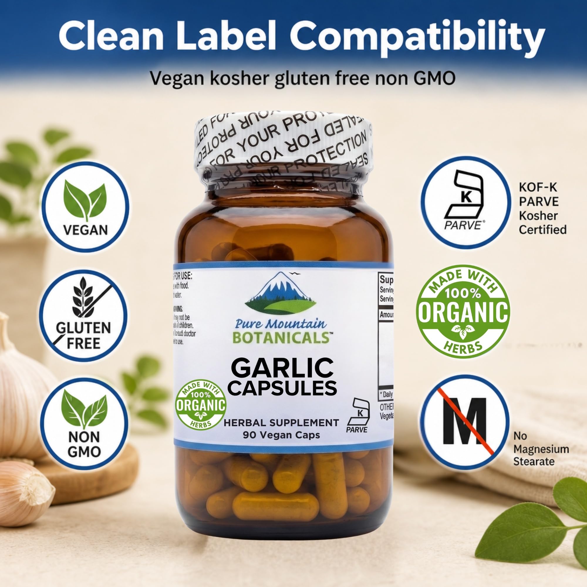 Pure Mountain Botanicals etiqueta con sellos USDA Organic y KOF-K Kosher visibles