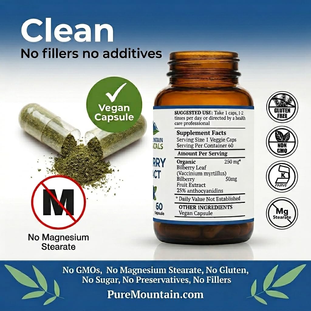 Pure Mountain Botanicals hojas de bilberry orgánica para destacar origen natural