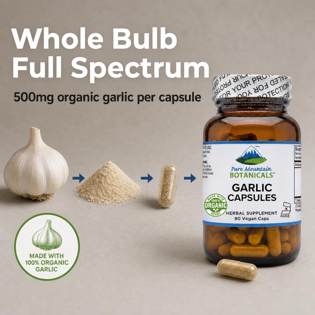 Pure Mountain Botanicals polvo de ajo orgánico en cuchara, visual de pureza
