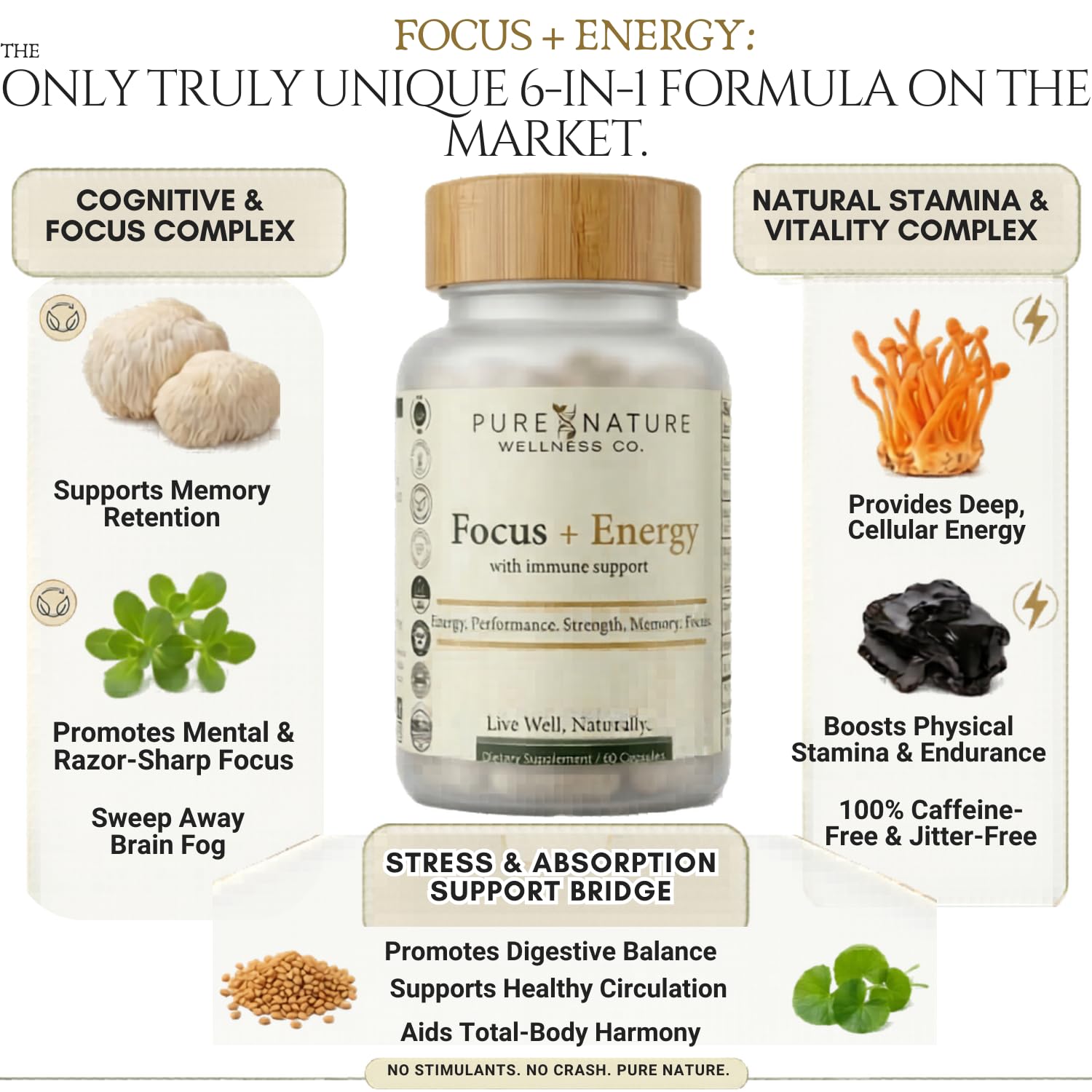 Pure Nature Wellness Co. cordyceps y mumijo en primer plano para energía celular