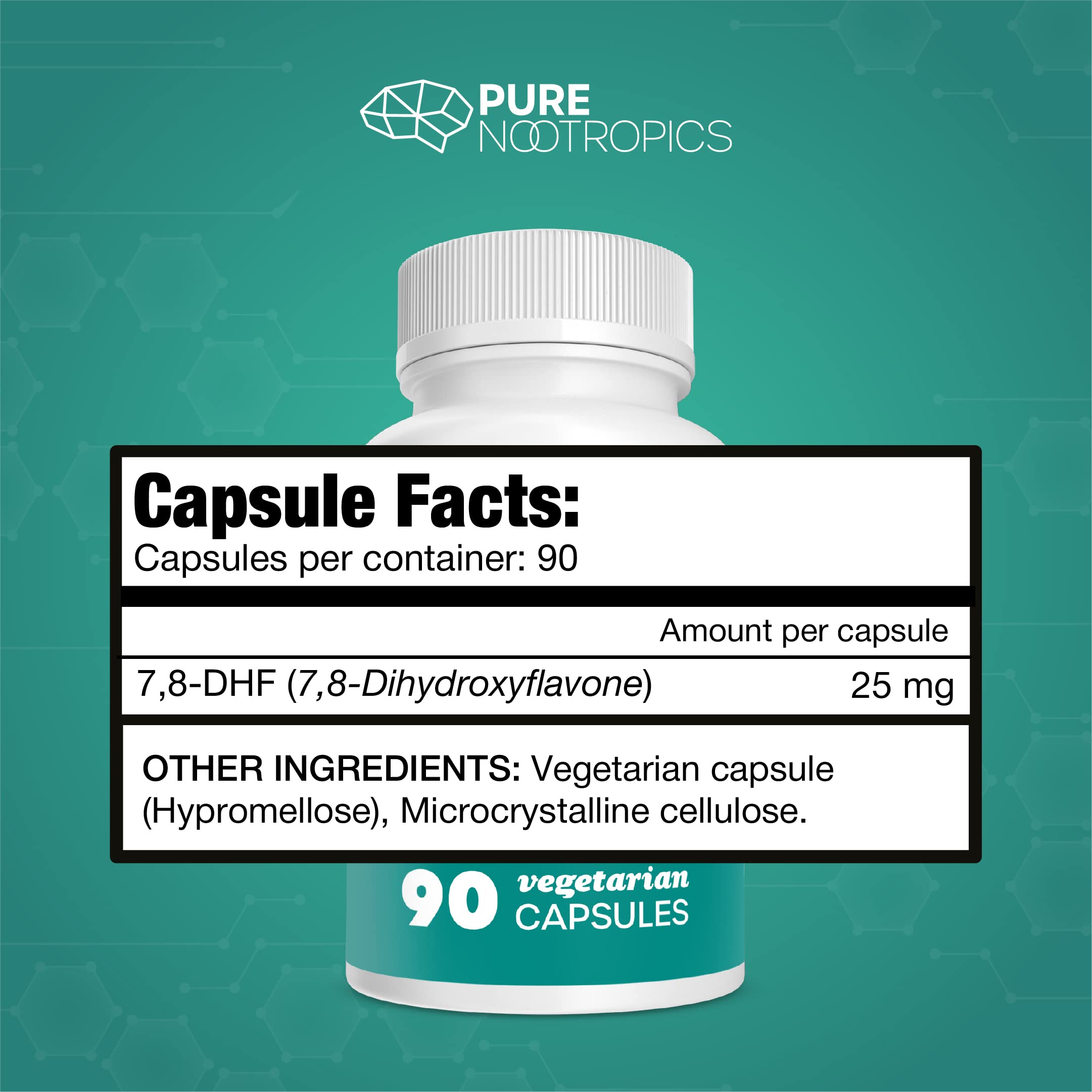 Pure Nootropics botella abierta con cápsulas para fácil dosificación