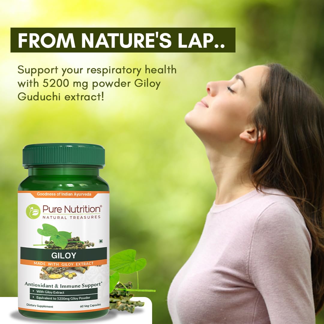 PURE NUTRITION NATURAL TREASURES polvo de giloy y tallos mostrando origen natural