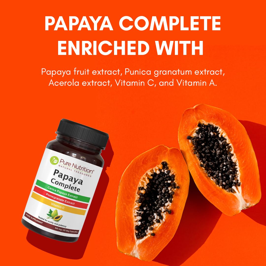 Pure Nutrition Papaya Complete comparación de tamaño en mano indicando la cantidad por envase