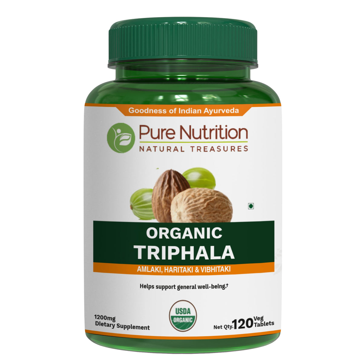 Pure Nutrition frasco frontal mostrando 120 tabletas y certificación orgánica