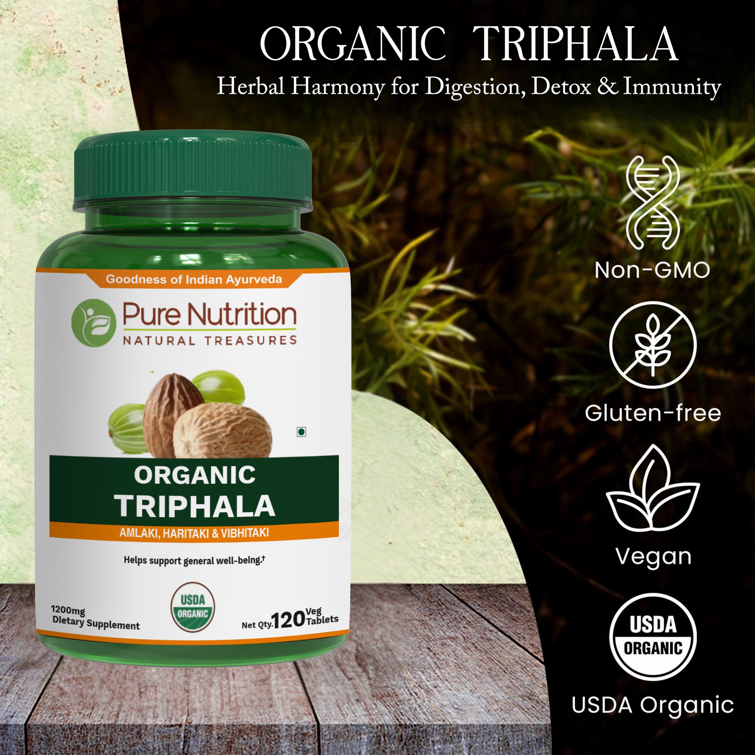 Pure Nutrition primer plano de una tableta Triphala mostrando textura compacta y fácil ingesta