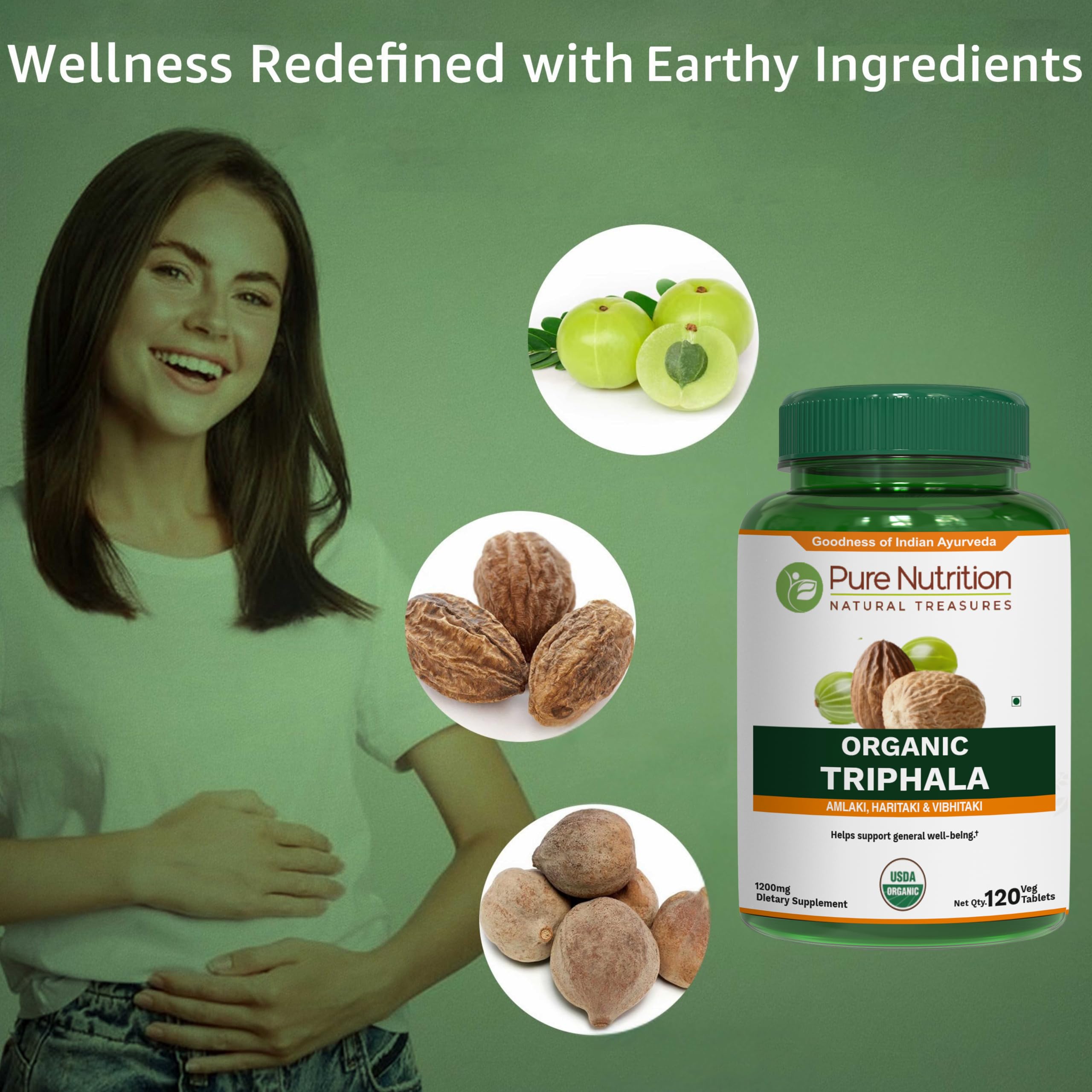 Pure Nutrition tableta Triphala junto a un vaso de agua en uso cotidiano