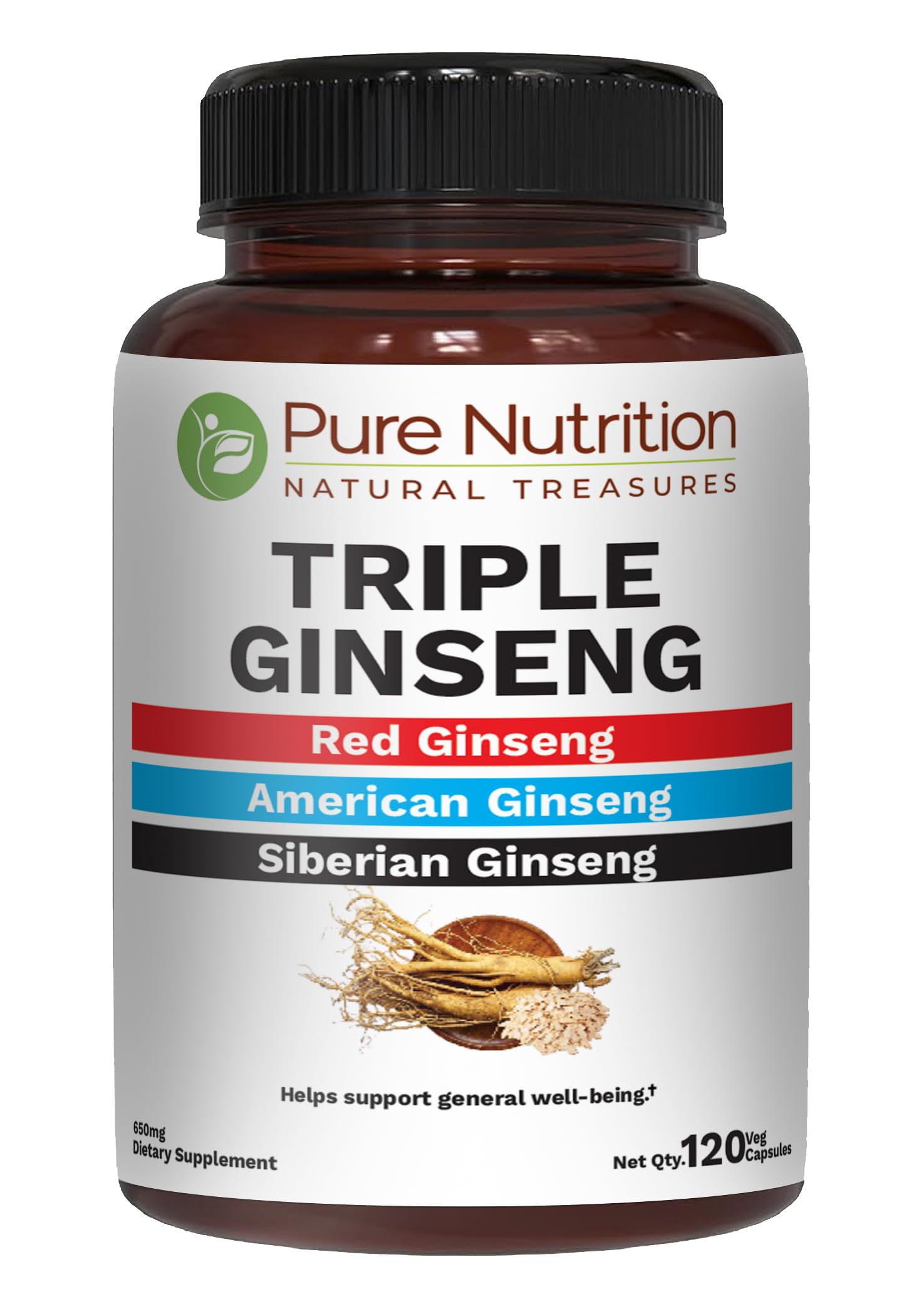 Pure Nutrition frasco frontal muestra marca y fórmula triple ginseng, claridad y confianza