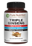 Pure Nutrition frasco frontal muestra marca y fórmula triple ginseng, claridad y confianza