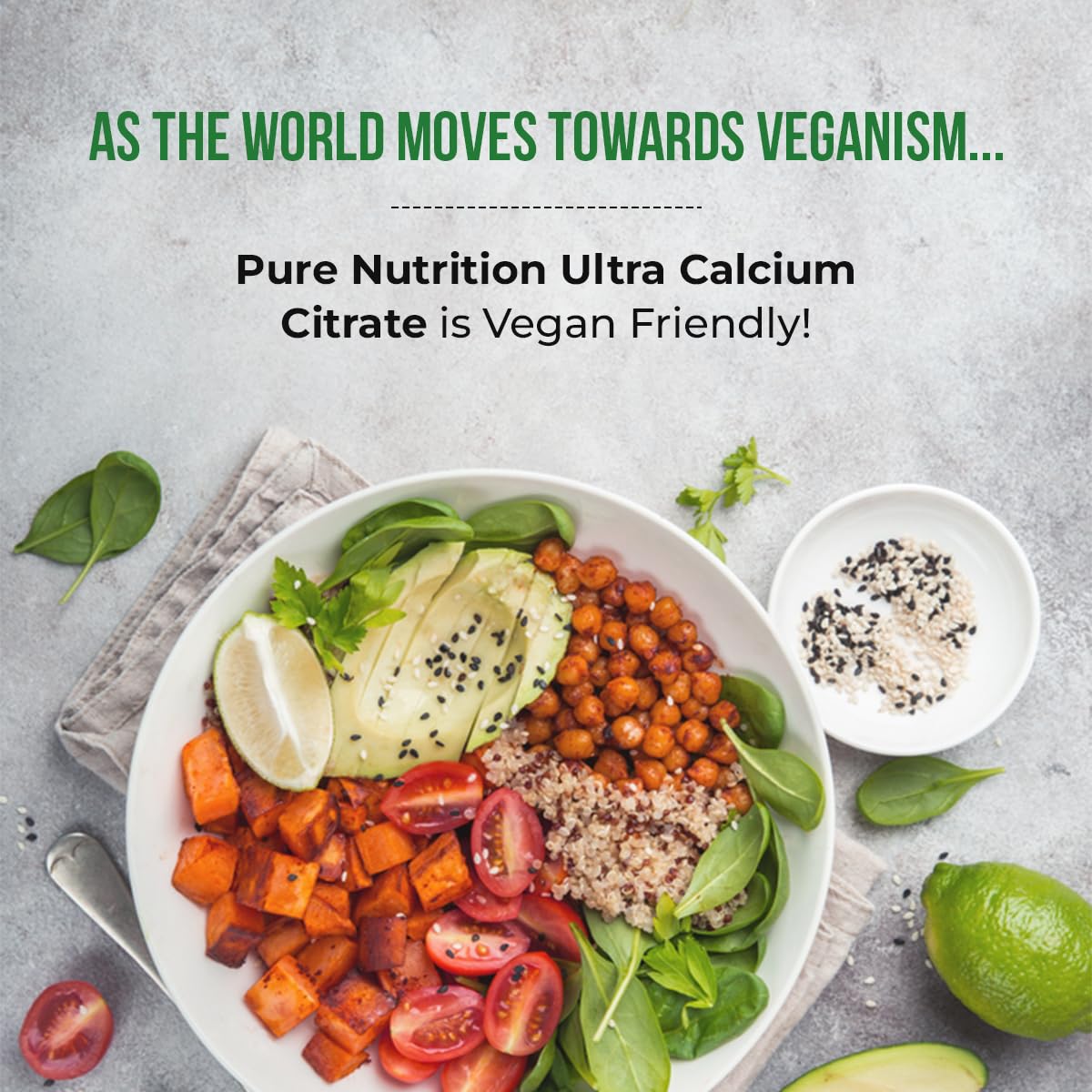 PURE NUTRITION estilo de vida: suplemento sobre mesa de cocina saludable