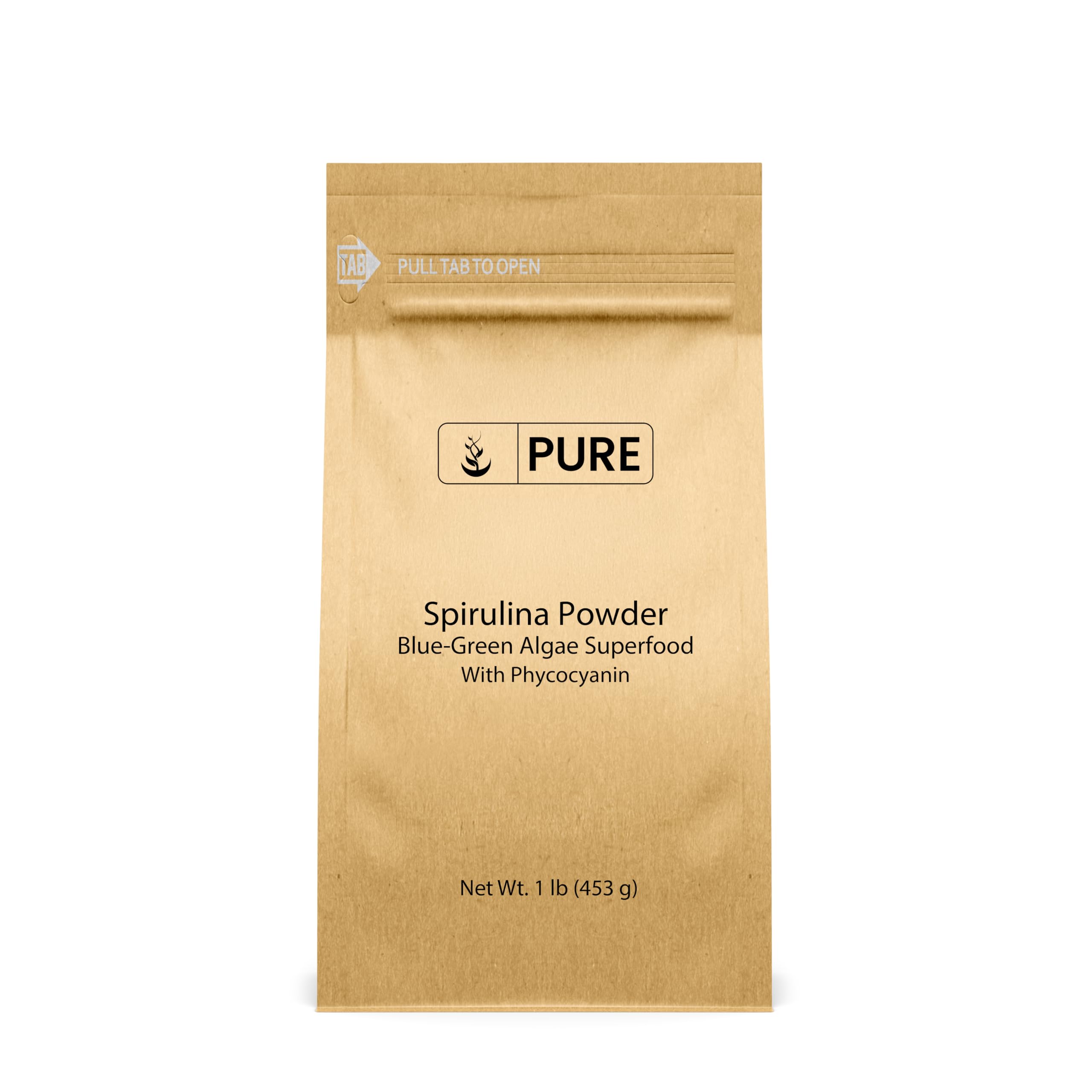 PURE ORIGINAL INGREDIENTS paquete frontal de espirulina 1 lb, presentación limpia y sin aditivos
