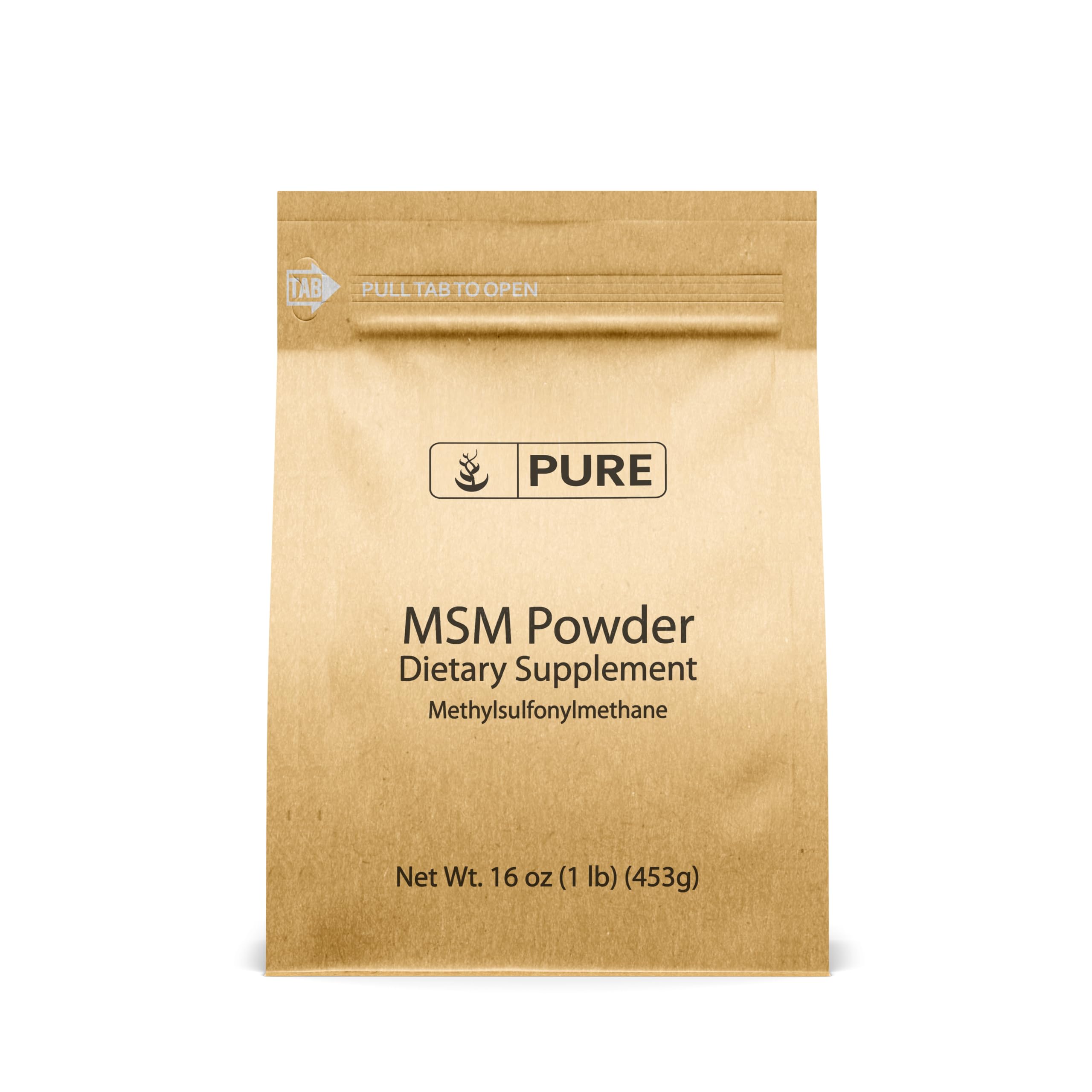PURE ORIGINAL INGREDIENTS envase frontal de MSM en polvo muestra pureza y facilidad de uso