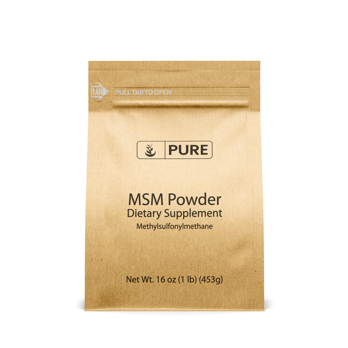 PURE ORIGINAL INGREDIENTS envase frontal de MSM en polvo muestra pureza y facilidad de uso