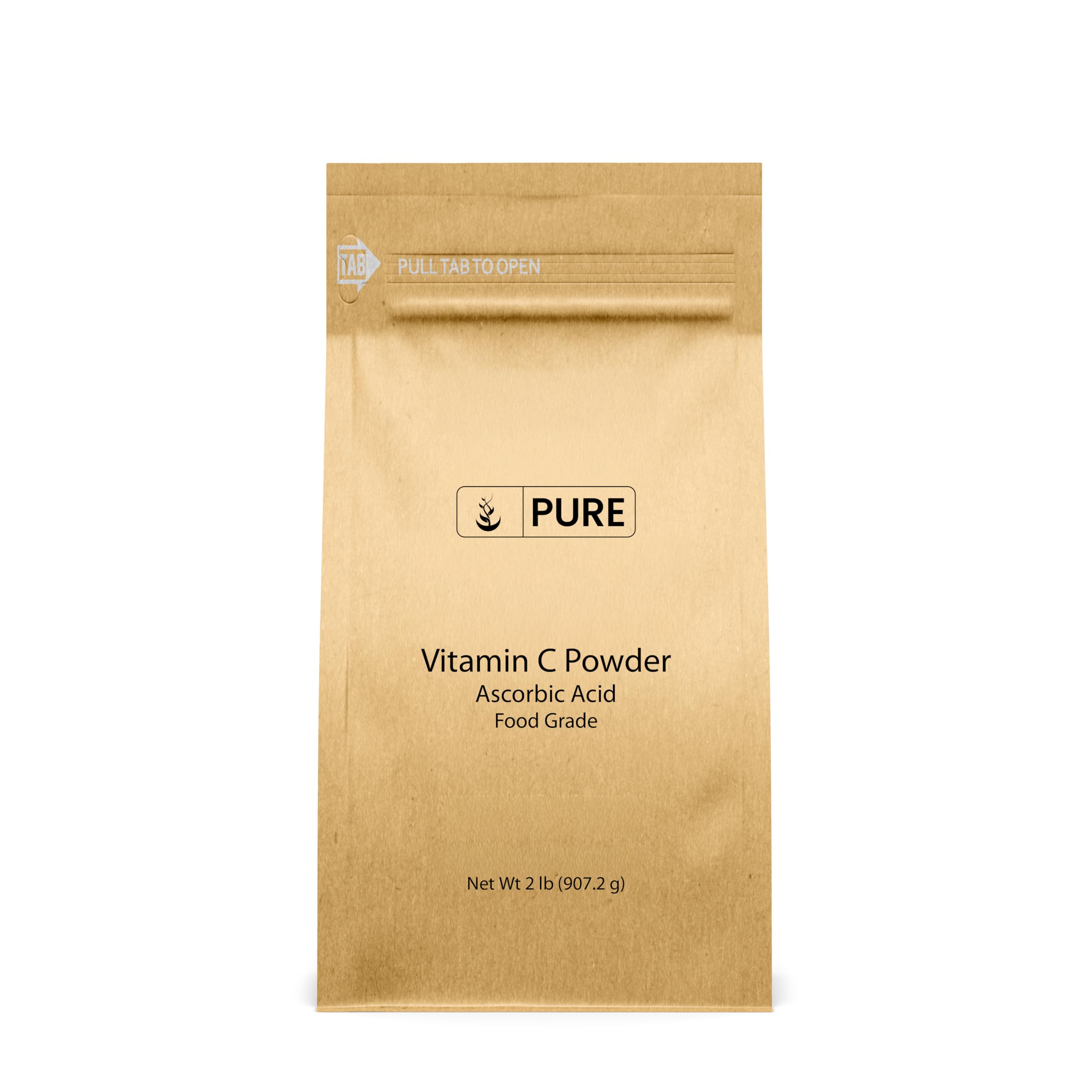 PURE ORIGINAL INGREDIENTS frente del envase de polvo de vitamina C muestra pureza y tamaño