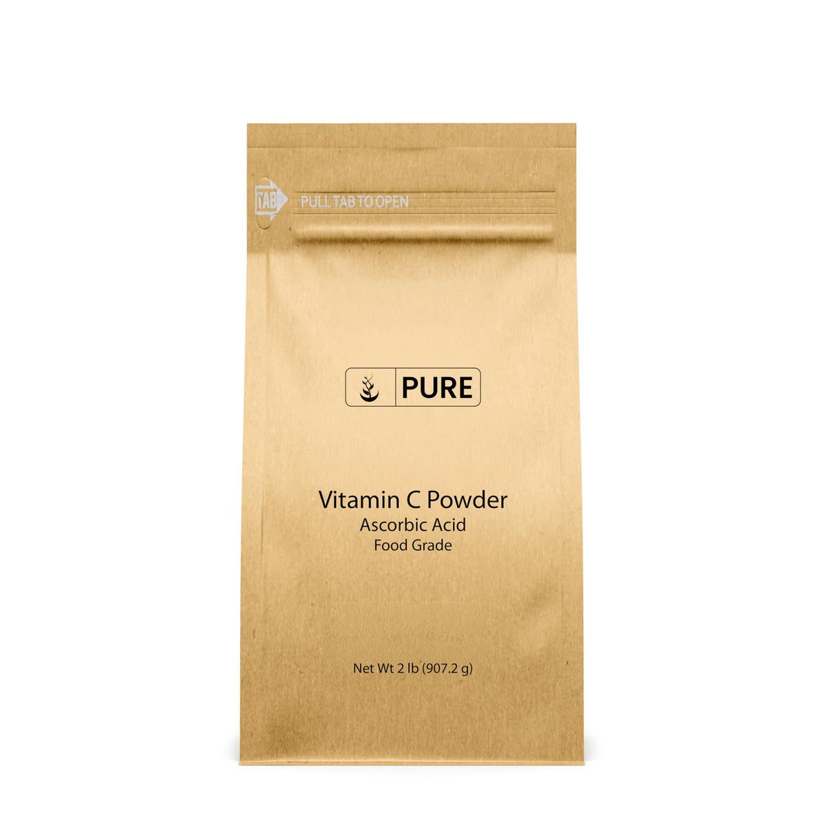 PURE ORIGINAL INGREDIENTS frente del envase de polvo de vitamina C muestra pureza y tamaño
