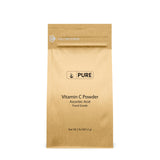 PURE ORIGINAL INGREDIENTS frente del envase de polvo de vitamina C muestra pureza y tamaño