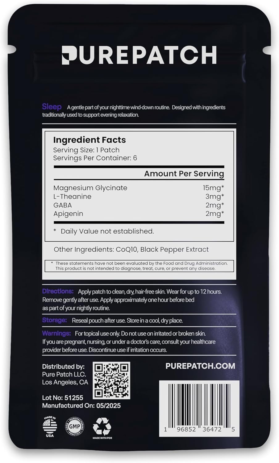 Pure Patch sello 'Made in USA' en el empaque indicando origen y calidad