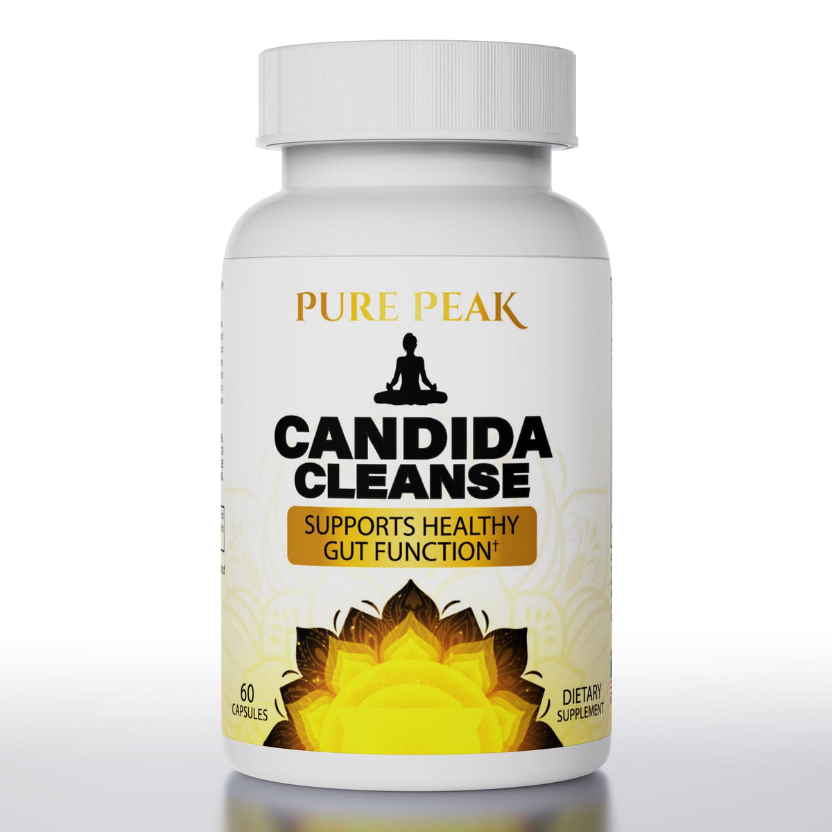 Pure Peak frente del envase mostrando 60 cápsulas y beneficios de apoyo intestinal