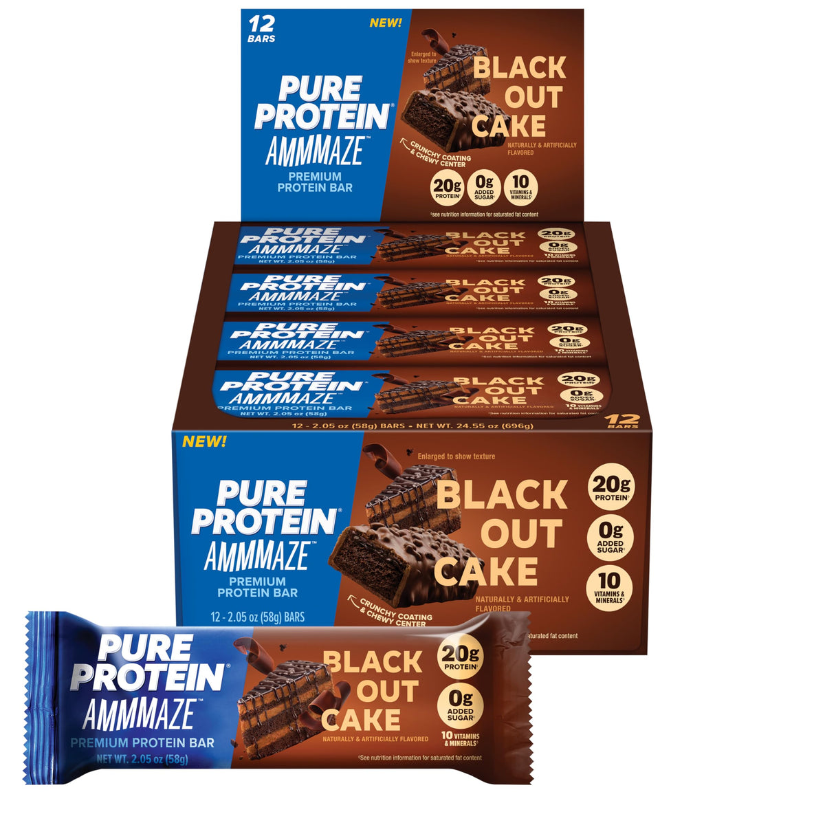Pure Protein paquete frontal mostrando 12 barritas, portátil y práctico