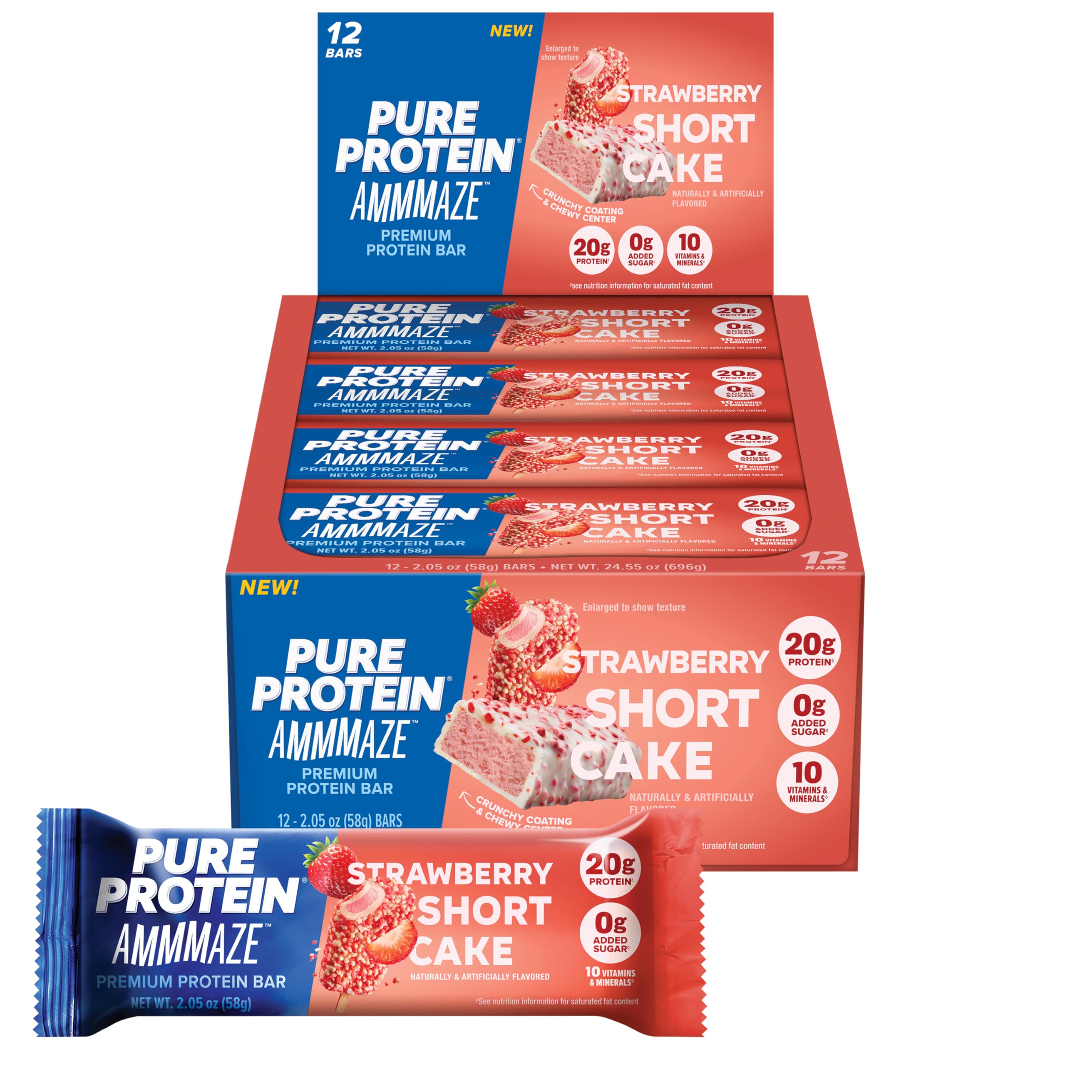 Pure Protein AMMMAZE frente del empaque mostrando 12 barras y diseño fresa