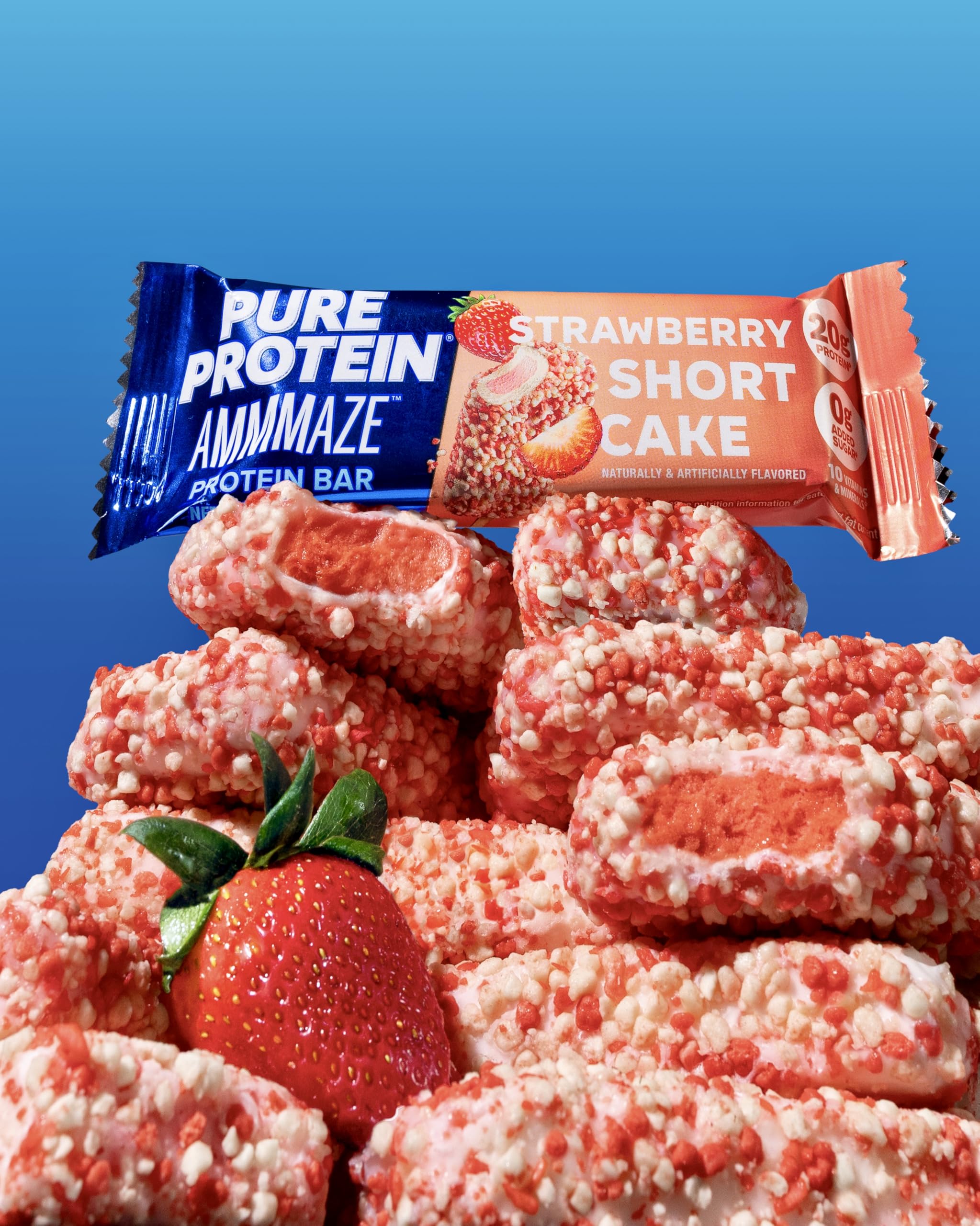 Pure Protein AMMMAZE etiqueta nutricional destacando 20 g proteína y sin azúcares añadidos