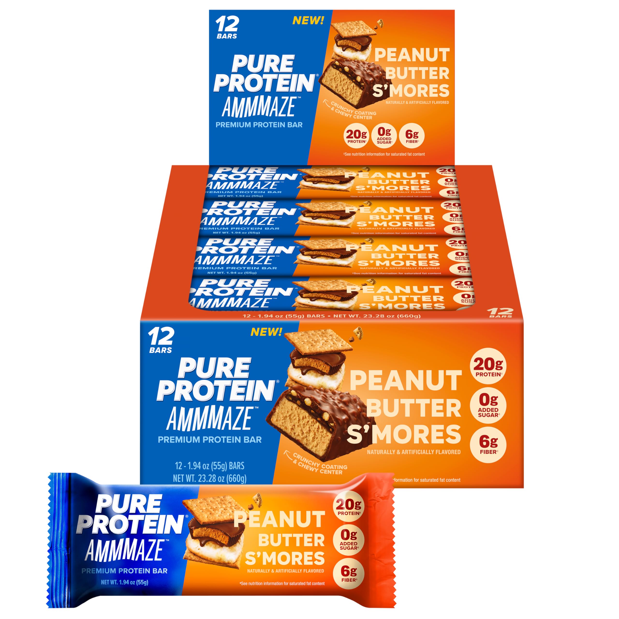 Pure Protein barrita AMMMAZE frente mostrando envoltorio y etiqueta visible, conveniencia nutritiva