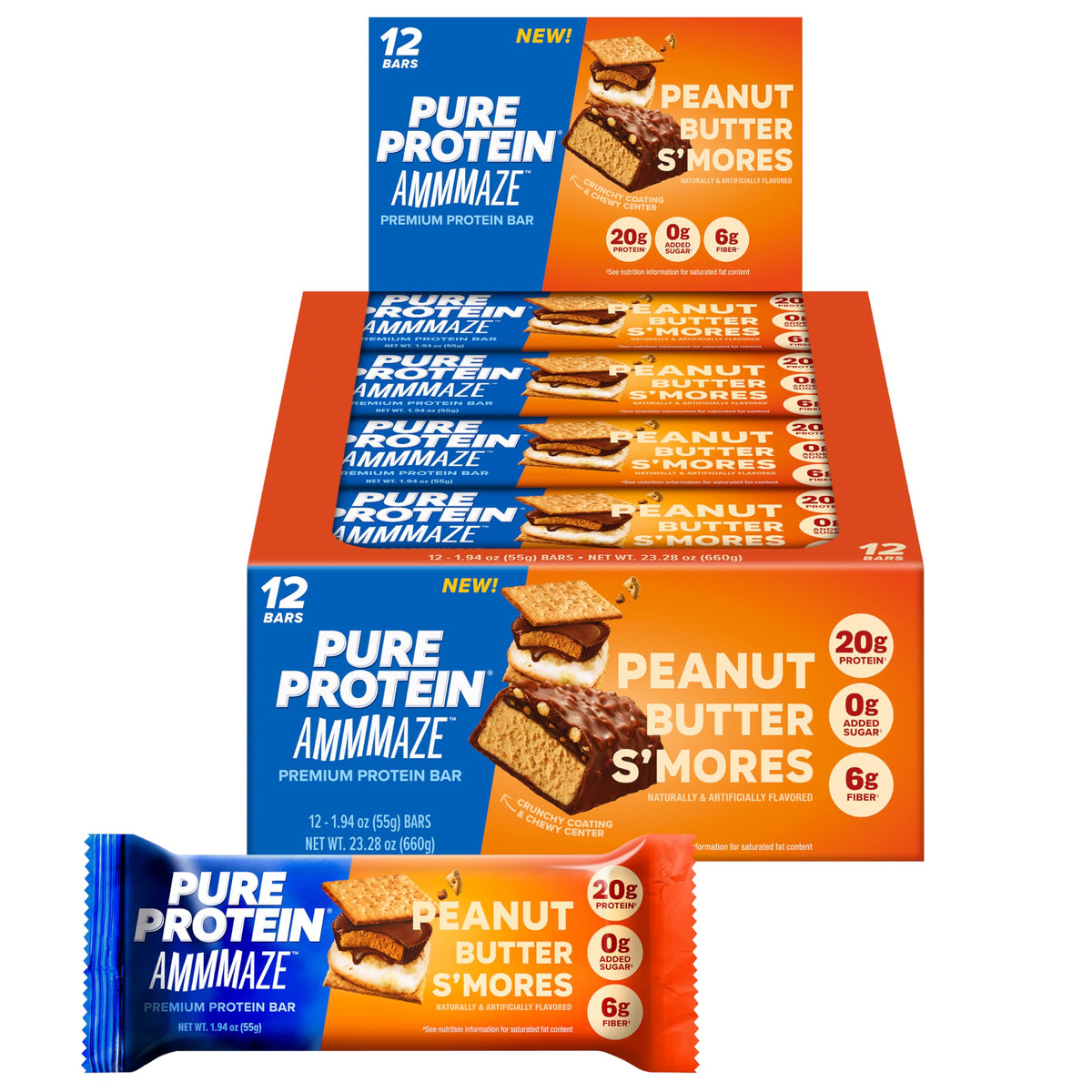 Pure Protein barrita AMMMAZE frente mostrando envoltorio y etiqueta visible, conveniencia nutritiva