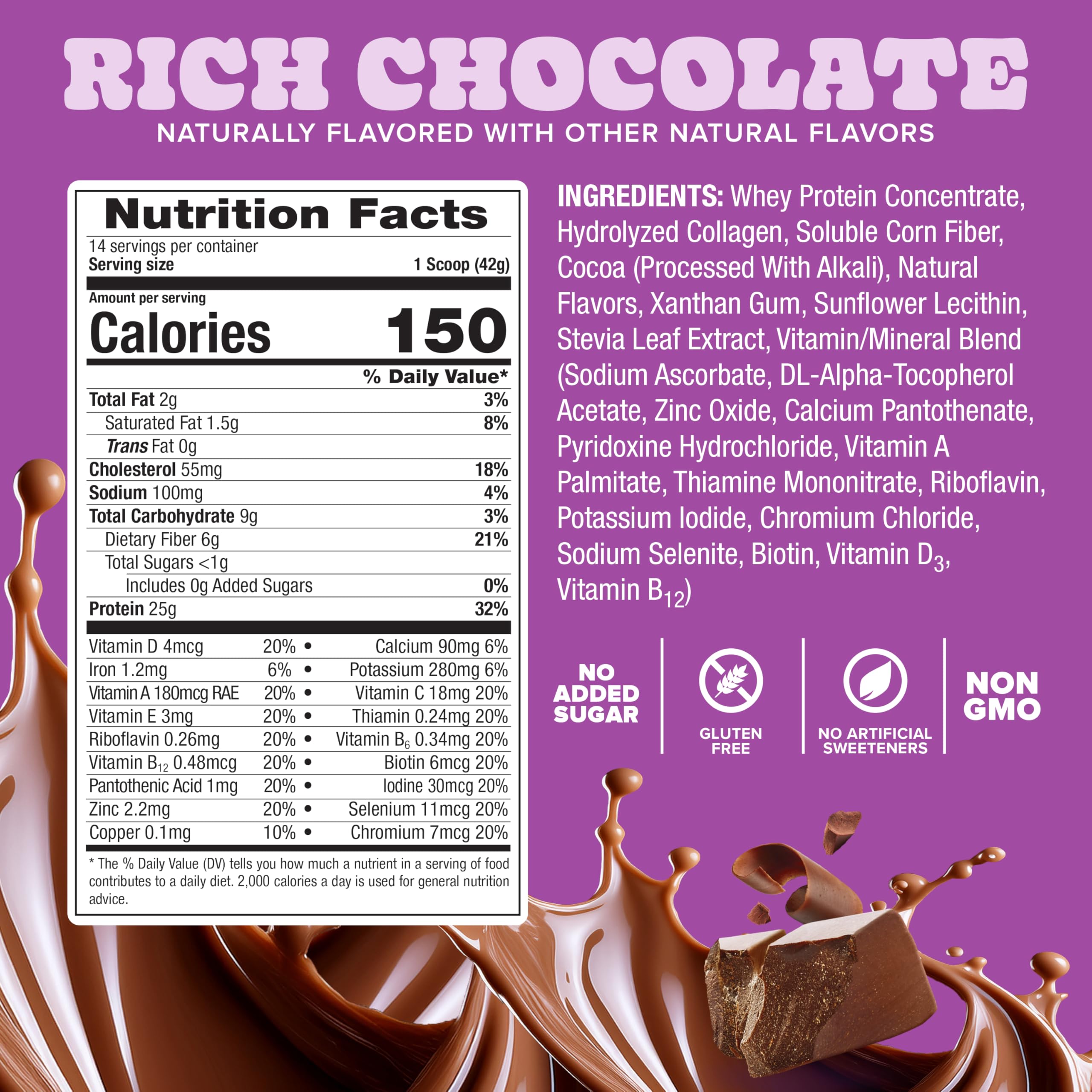 Pure Protein batido servido en vaso, sabor chocolate y energía rápida