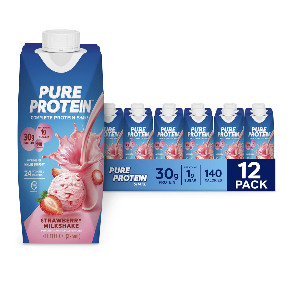 Pure Protein botella frontal mostrando etiqueta y beneficios nutricionales