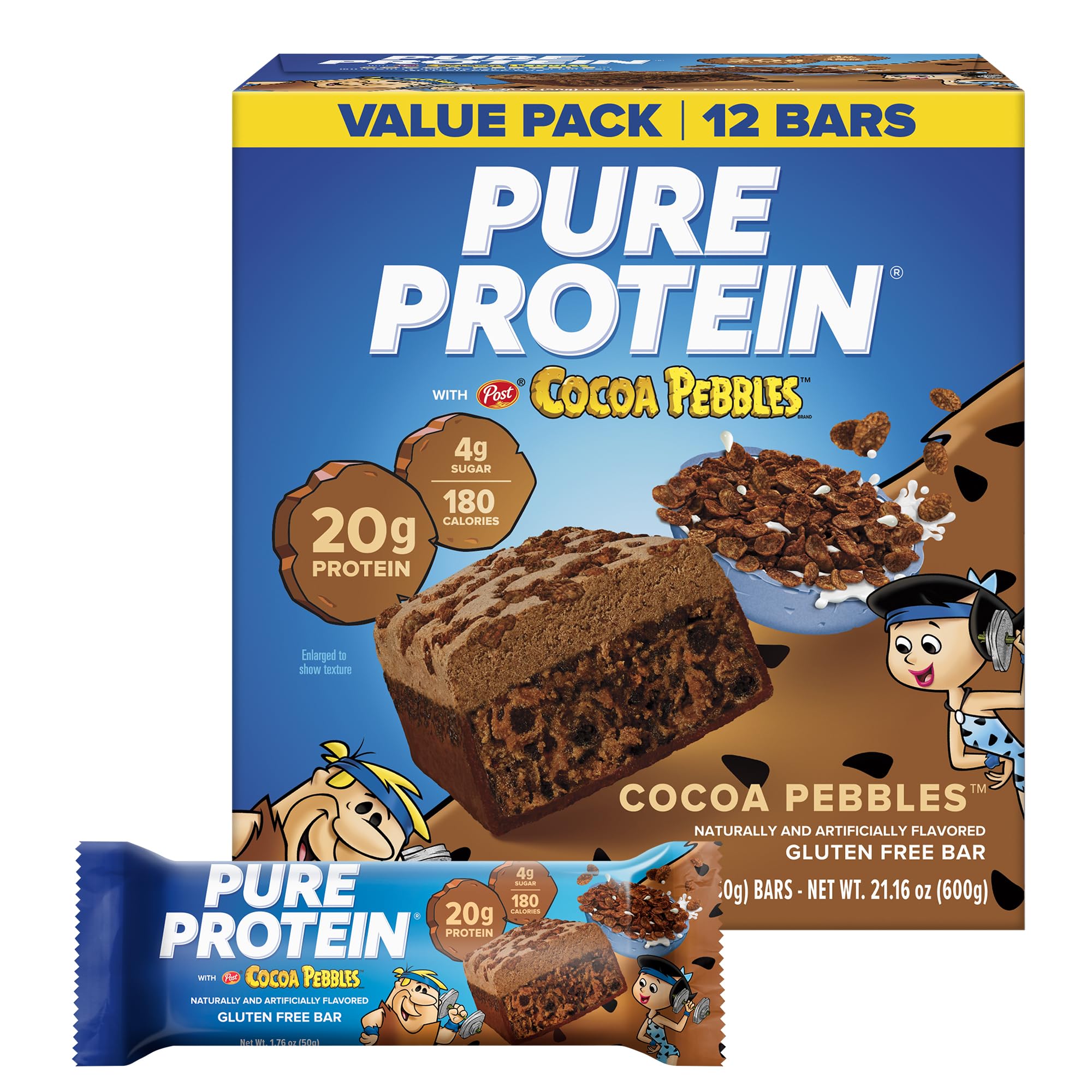 Pure Protein caja frontal Cocoa PEBBLES mostrando información nutricional y beneficio práctico