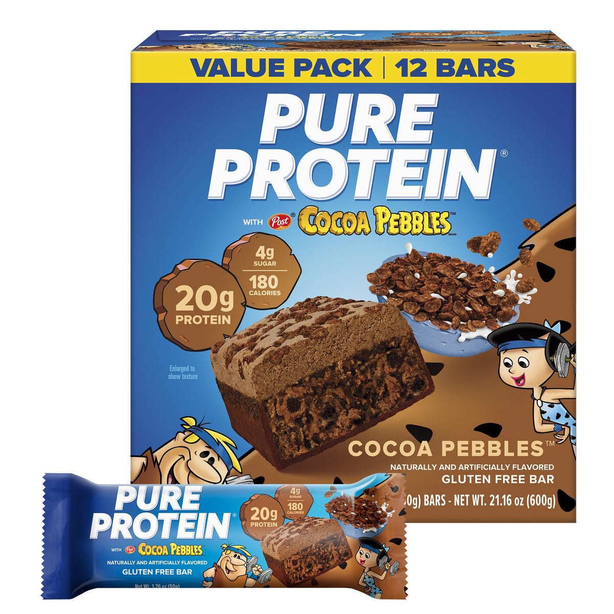 Pure Protein caja frontal Cocoa PEBBLES mostrando información nutricional y beneficio práctico