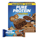 Pure Protein caja frontal Cocoa PEBBLES mostrando información nutricional y beneficio práctico