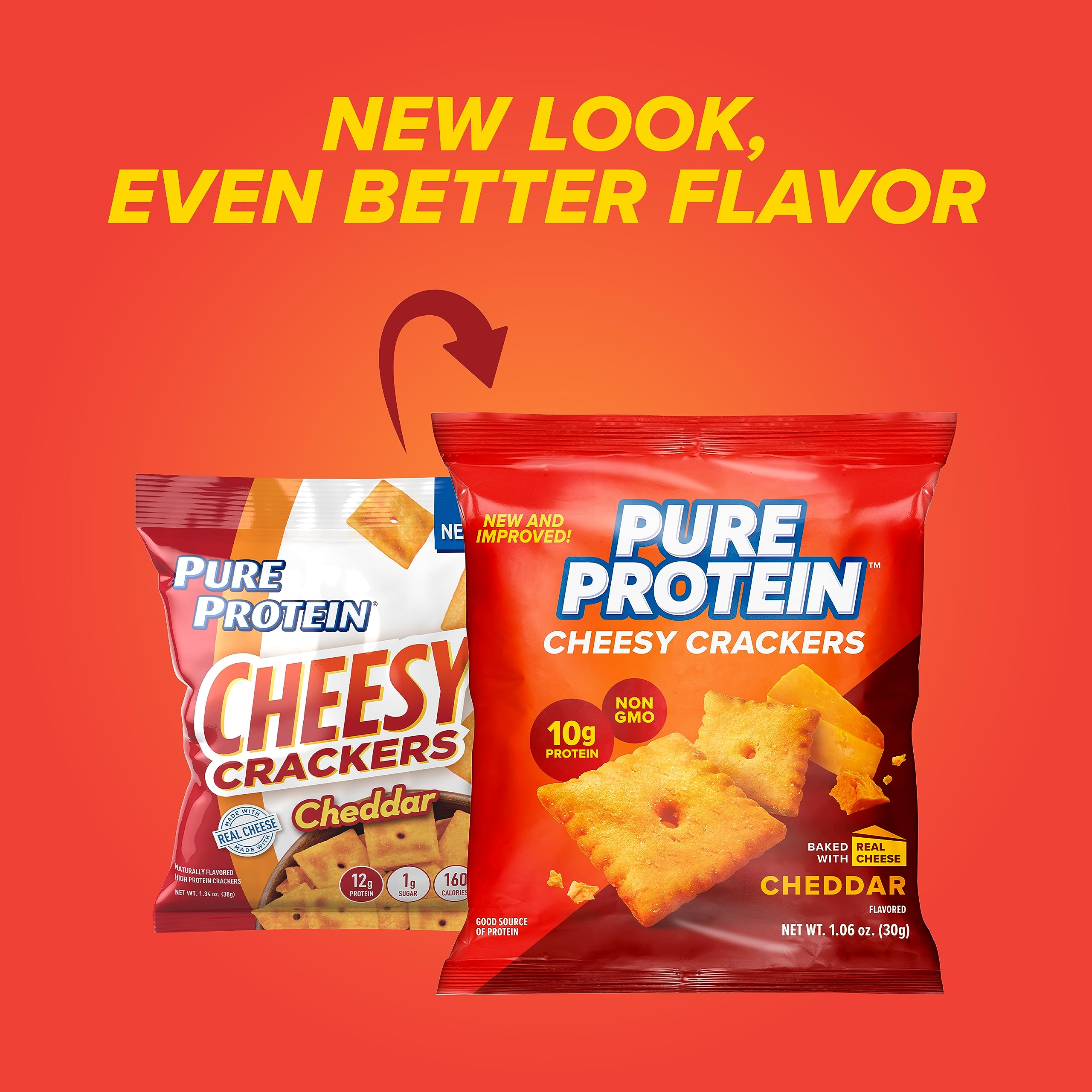 Pure Protein primer plano del sabor a cheddar real y su atractivo visual