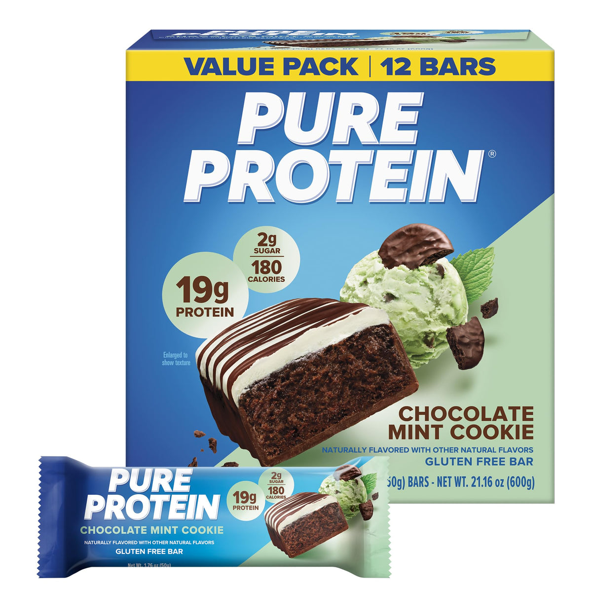 Pure Protein vista frontal del paquete que muestra 12 unidades y marca