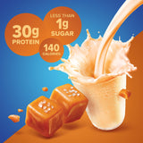 Comparación de tamaño Pure Protein 11 oz junto a una botella de agua para referencia